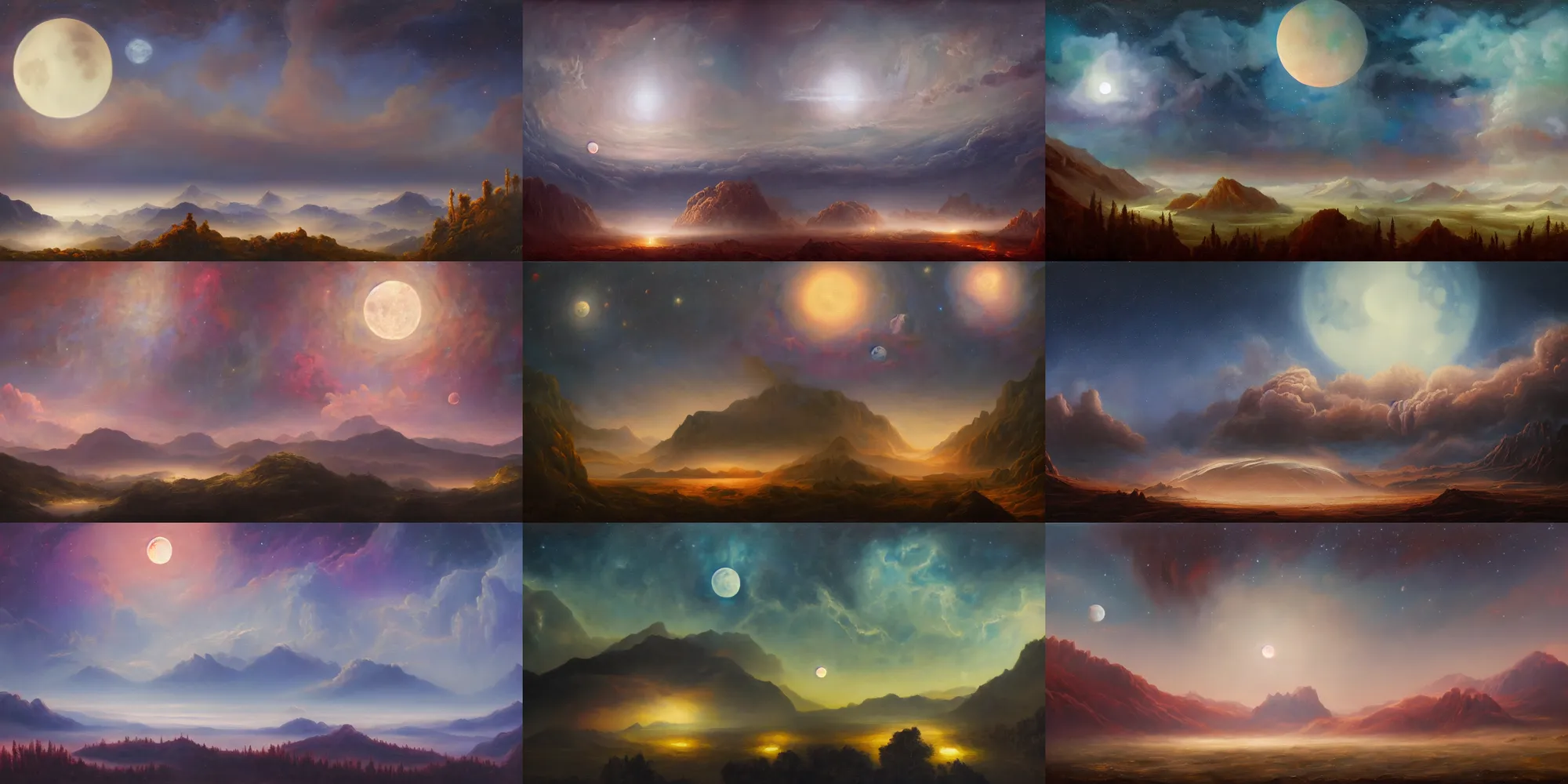 Prompt: A naturalist painting of a surreal dream night landscape of clouds mountains nebulas forests and lakes, full moon, mars, venus, juputer, saturn, cinematic lighting, detailed oil painting, 8k