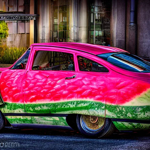 Image similar to stunning award winning hyperrealistic hdr 8 k highly detailed photo of a watermelon car