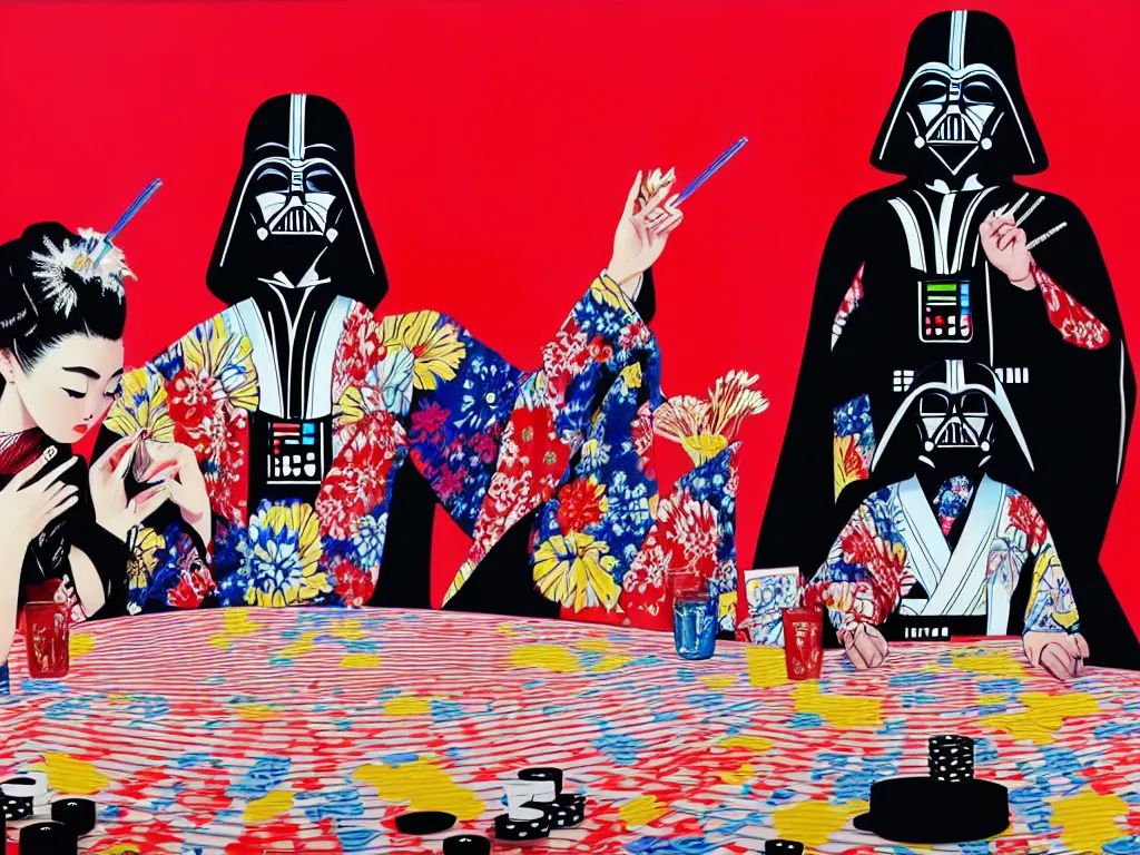 Image similar to hyperrealistic composition of the detailed woman in a japanese kimono sitting at a poker table with darth vader, fireworks, beautiful mountain in the background, pop - art style, jacky tsai style, andy warhol style, acrylic on canvas