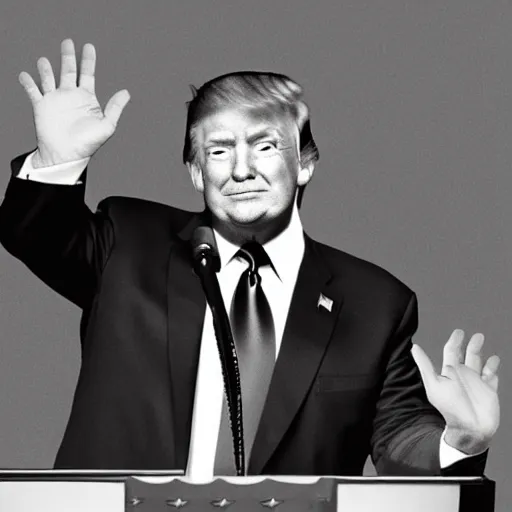 Image similar to a realistic portrait of Donald Trump with tiny hands, black and white photograph, hands are waving