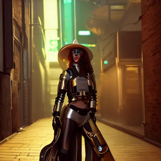 Prompt: beautiful female cyborg wearing cowboy hat walking in art deco cyberpunk alley, brilliant long green hair, glowing golden eyes, wearing long trench coat, bright silver revolvers in holsters, dynamic dramatic golden moody lighting, volumetric lighting, shadows,cinematic atmosphere,Artstation, hyperrealistic 3D digital art,Octane render,8K 4K UHD image