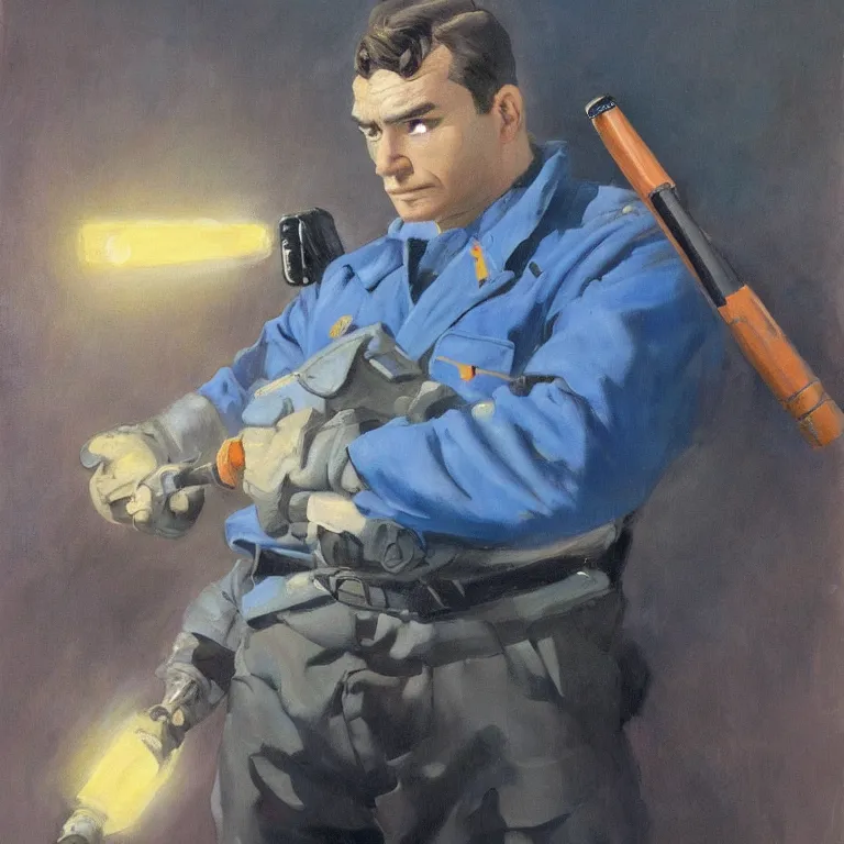 Image similar to a beautiful portrait painting in the style of frank frazetta of a half - life 2 civil protection officer holding a stun baton, blue backlight