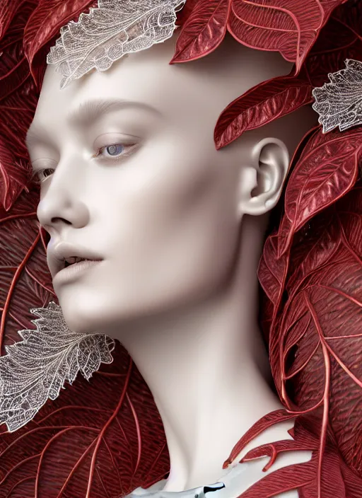 Image similar to complex 3d render ultra detailed of a beautiful porcelain profile woman face, mechanical vegetal cyborg, 150 mm, beautiful studio soft light, spot light, rim light, silver gold red details, luxurious, magnolia big filigran leaves and stems, roots, Alexander Mcqueen haute couture, fine foliage lace, mesh wire, filigran metallic intricate details, hyperrealistic, mandelbrot fractal, anatomical, silver metal armor, facial muscles, cable wires, microchip, elegant, white background, beautiful white teeth, octane render, H.R. Giger style, 8k