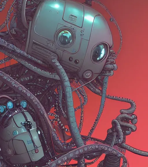 Prompt: a cybernetic realistic octopus in a space station, techwear, Industrial Scifi, detailed illustration, character portrait, by Martin Grip and Moebius