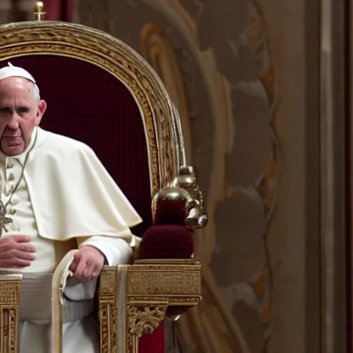 Prompt: sitting in big chair is pope benedict as chancelor palpatine in star wars episode 3, 8 k resolution, cinematic lighting, anatomically correct