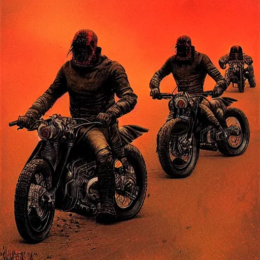 Prompt: motorbikers race in hell, by beksinski and tristan eaton, dark neon trimmed beautiful dystopian digital art