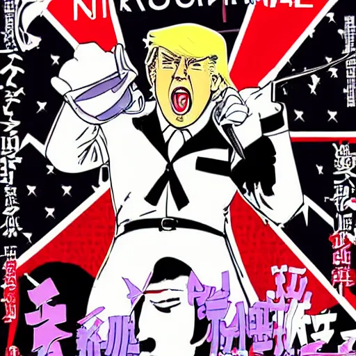 Image similar to Donald trump, a singer in a heavy metal band in a manga by akira and Miyazaki