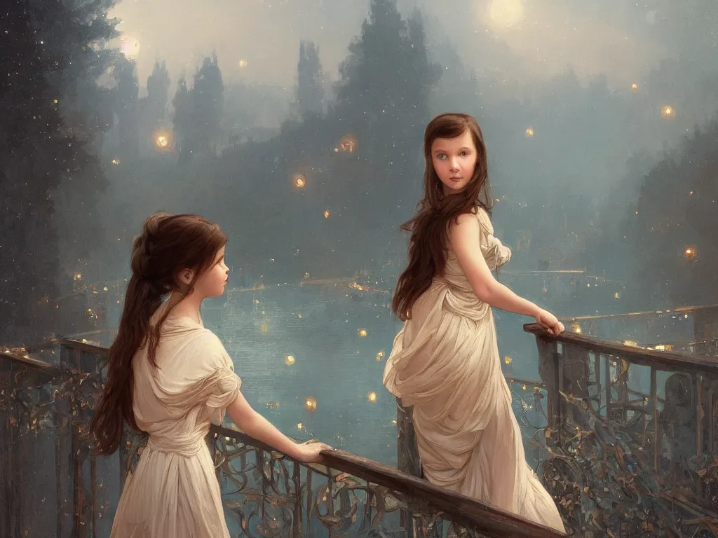 Image similar to a beautiful painting of a girl resembling millie bobby brown standing on a bridge, watching the view from the river of the lantern festival in a an ancient italian town, at night with a sky full of stars, intricate, elegant, highly detailed, digital painting, artstation, concept art, by krenz cushart and artem demura and alphonse mucha