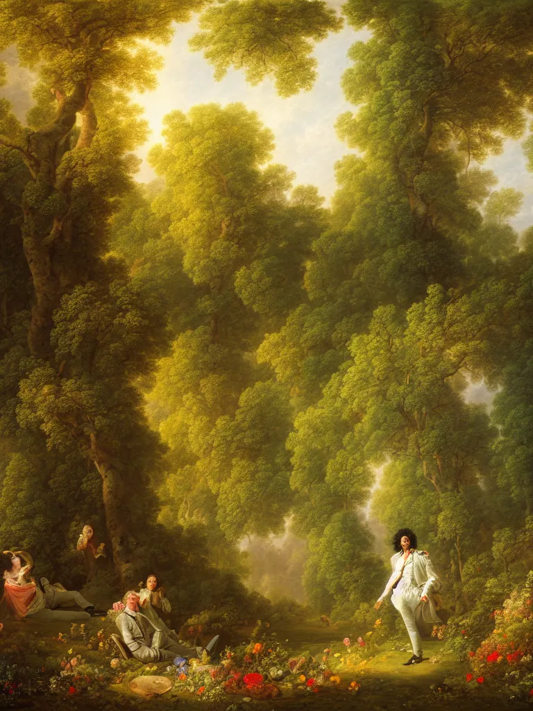 Image similar to painting portrait of michael jackson in a romantic forest, volumetric light, afternoon, light wind, wild flowers, john longstaff, jean - honore fragonard, francois boucher, anna dittmann, 4 k, 4 k