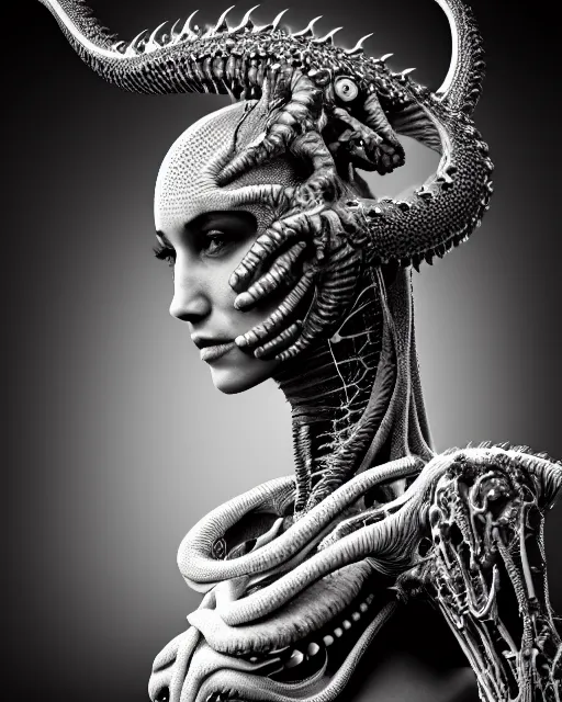 Prompt: a black and white high quality photo of a young beautiful female queen-dragon-cyborg bust with a very long neck and Mandelbrot fractal face, Mandelbrot fractal skin, flesh, anatomical, facial muscles, veins, arteries, elegant, highly detailed, flesh highly baroque ornate, hair are wired cables, elegant, high fashion, rim light, octane render, in the style of H.R. Giger and Man Ray, Realistic, Refined, Digital Art, Highly Detailed, Cinematic Lighting, rim light, black and white, photo-realistic, 8K