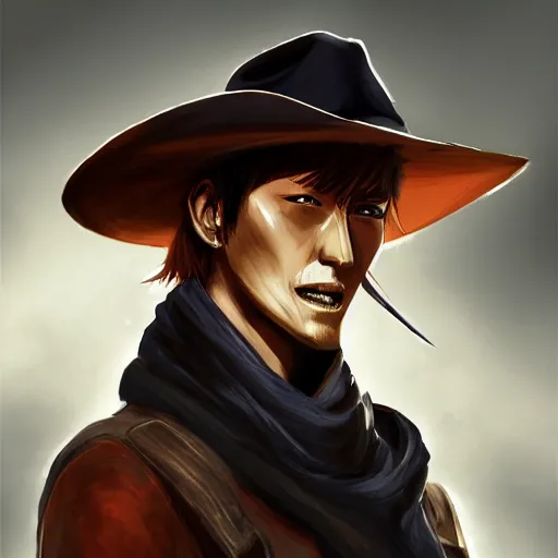 Prompt: a portrait of kurosaki ichigo with a cowboy hat on with an American flag scarf, D&D, sci-fi, elegant, hopeful, muscular, highly detailed, digital painting, artstation, concept art, smooth, sharp focus, illustration