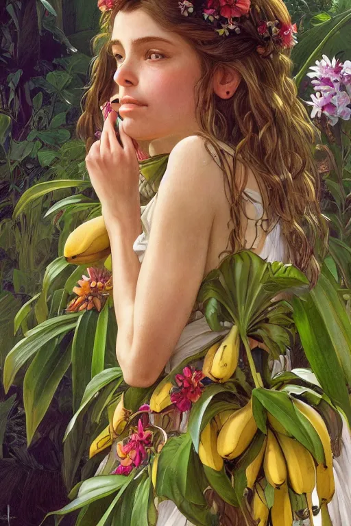 Prompt: ultra realistic illustration, bohemian girl with banana plants and flowers, staring directly into camera, intricate, elegant, highly detailed, digital painting, artstation, concept art, smooth, sharp focus, illustration, art by artgerm and greg rutkowski and alphonse mucha