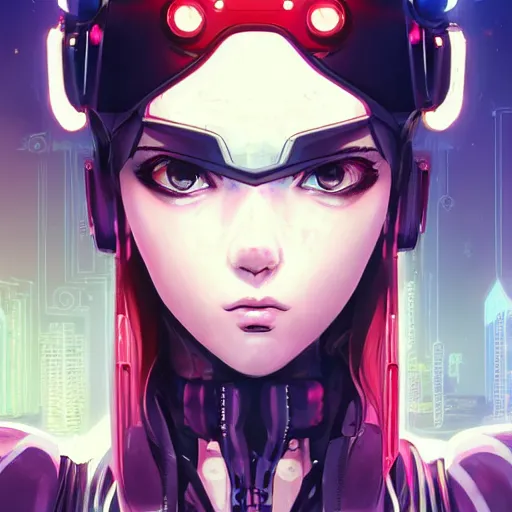 Image similar to A comic potrait of a cyberpunk cyborg girl with big and cute eyes, fine-face, realistic shaded perfect face, fine details. Night setting. Very anime style. Realistic shaded lighting poster by Ilya Kuvshinov katsuhiro, magali villeneuve, artgerm, Jeremy Lipkin and Michael Garmash, Rob Rey and Kentarõ Miura style, trending on art station