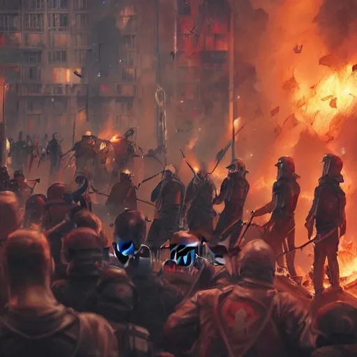 Image similar to angry rioters with placards, detailed digital illustration by greg rutkowski, fire, android netrunner