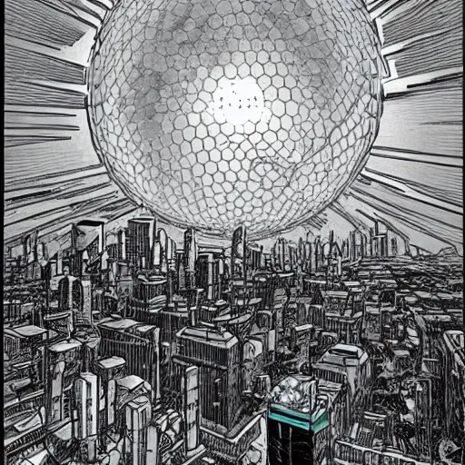 Prompt: a city floating in space, comic gas in the background, dyson sphere
