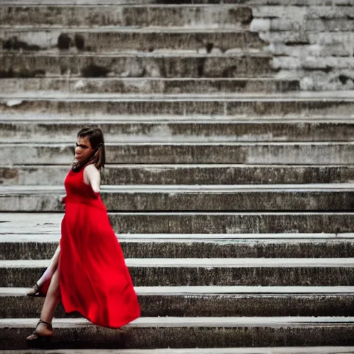 Prompt: a girl in a red dress walking up stairs