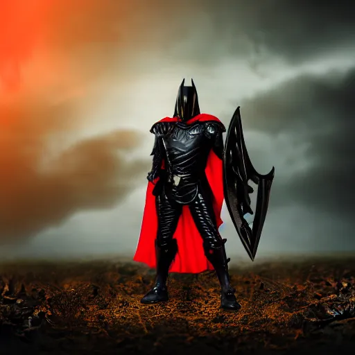 Prompt: the knight of death and destruction in black armor glowing red with a black cape billowing in the wind, golden hour, caustics, shallow depth of field, moody lighting, 8 k, concept art,