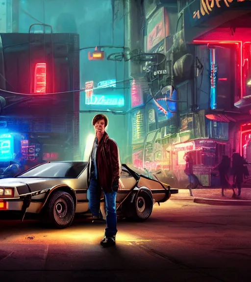 Image similar to marty mcfly standing besides a steampunk delorean in a cyberpunk city, neon signs, futuristic, realistic, 8 k, extremely detailed, cgi, trending on artstation, hyper - realistic render, 4 k hd wallpaper, premium prints available, by greg rutkowski, esuthio, craig mullins, dystopian scifi gear, gloomy