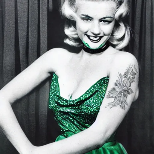Prompt: a pretty blonde woman in a green prom dress, tattoos all over her face, 1958, full-color, award-winning photograph
