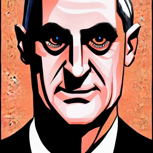 Image similar to digital portrait of secretary of denis mcdonough face with featureless eyes, cover art of graphic novel, evil laugh, menacing, Machiavellian puppetmaster, villain, solid colors, clean lines, clean ink, trending on artstation