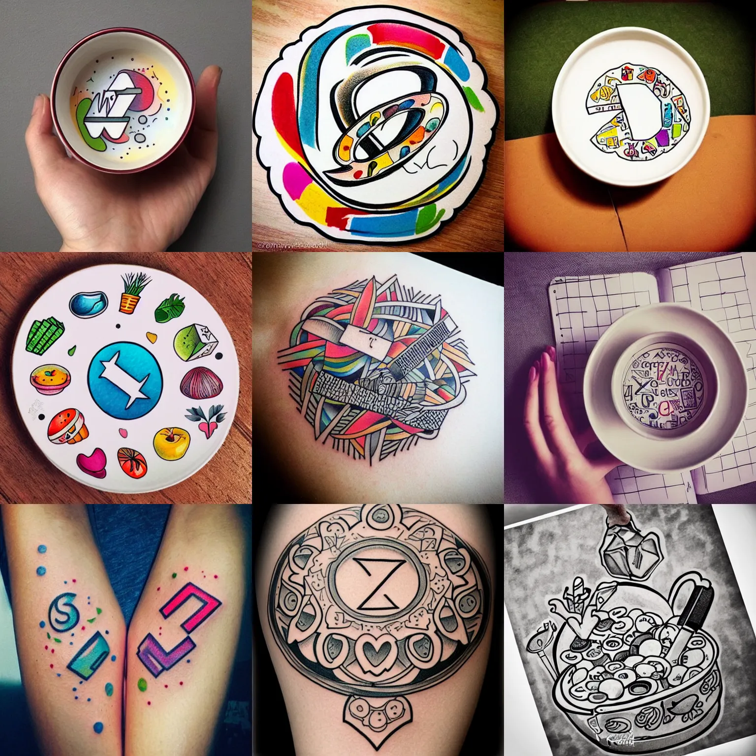 Prompt: cute modern tattoo bowl of alphabet soup, neotraditional modern minimalist, instagram highlights, flash sheet, colorful