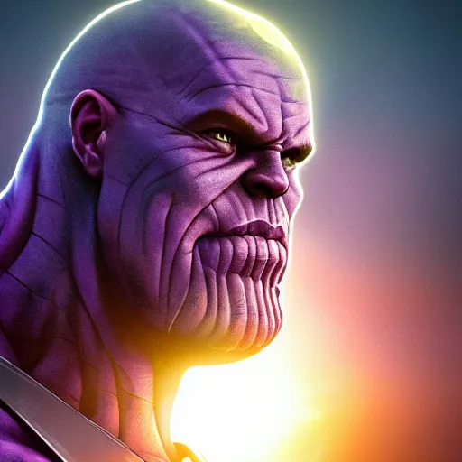 Prompt: closeup portrait of Thanos standing on a tank in a post apocalyptic battlefield at sunrise, action pose, dramatic lighting, high contrast, cosmic horror, abstract, masterpiece, trending on ArtStation, by Moebius, blizzard concept artists, Greg Rutkovski and by Craig Mullins and by Ismail Inceoglu, front lighting, rim lighting, god rays, lens flare, james cameron, cinematic, film still-H 704