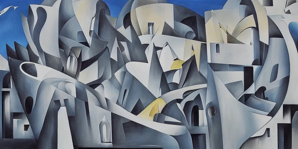 Image similar to a painting of abstract buildings like santorini by zaha hadid and yves tanguy and aaron horkey