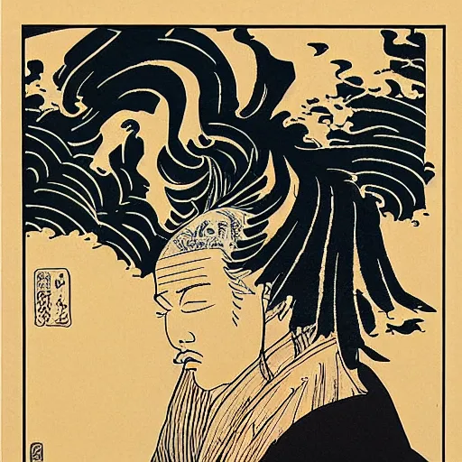 Image similar to U-God rapping, portrait, style of ancient text, hokusai