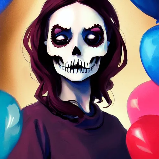 Prompt: a portrait of a girl skull face, balloons, in the style of artgerm, charlie bowater, atey ghailan and mike mignola, vibrant colors and hard shadows and strong rim light, plain background, comic cover art, trending on artstation