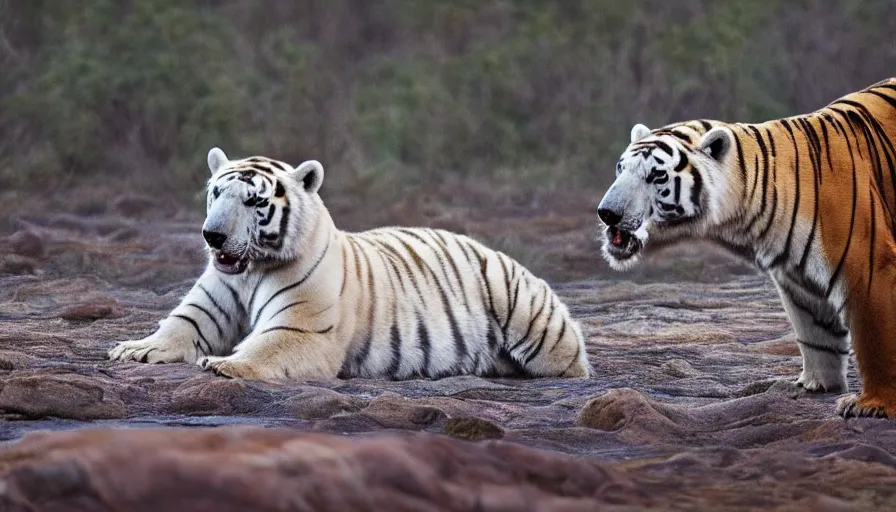 Image similar to a tiger polar bear!!! hybrid! hyper realistic!! realistic lighting!! wildlife photographer of the year!!! bold natural colors, national geographic, hd, wide angle, 8 k