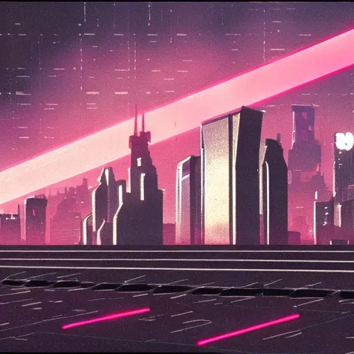 Prompt: 80's cyberpunk skyline, monolithic megastructures, beams of light, in the style of Akira