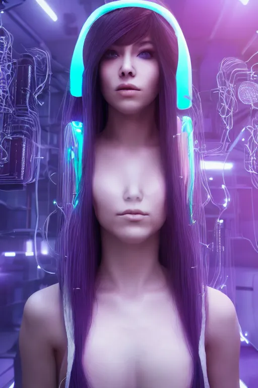 Image similar to cybernetic girl with long purple hair from the future, wires connected to servers behind, photo realistic, 4k unreal engine 5 render, by wlop