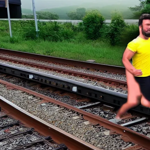 Image similar to train with human face and legs, hyper realistic