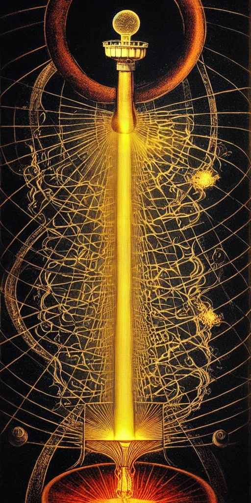 Image similar to an alchemical fiery lighthouse radiates a unique canto'as above so below'while being ignited by the spirit of haeckel and robert fludd, breakthrough is iminent, glory be to the magic within, in honor of saturn, dramtic lighting painted by ronny khalil