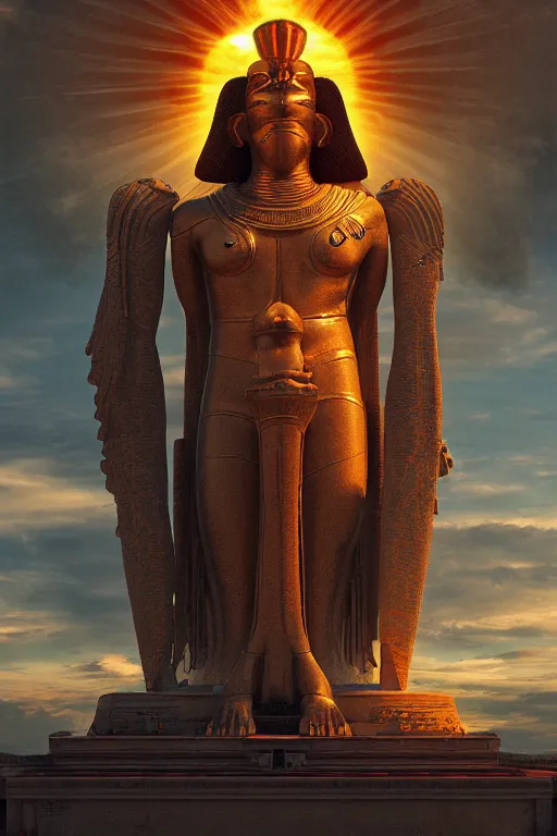 Image similar to the god horus invoking the energies of the sun, thelema, atmospheric, wide perspective, dramatic lights, micro details, grand composition, cinematic look, detailed, humidity, dust particles, photo real, ultra detailed, 8 k render, hyperrealistic octane render trending on artstation