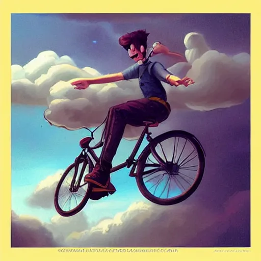 Prompt: A whimsical painting of a happy man flying in the sky on his bicycle in the clouds, digital art by Ross Tran