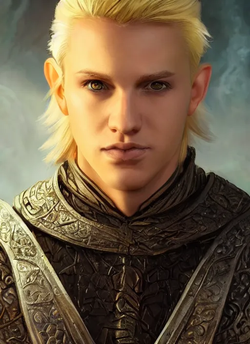 Image similar to male priest blonde parted hair healer, dndbeyond, bright, colourful, realistic, dnd character portrait, full body, pathfinder, pinterest, art by ralph horsley, dnd, rpg, lotr game design fanart by concept art, behance hd, artstation, deviantart, global illumination radiating a glowing aura global illumination ray tracing hdr render in unreal engine 5