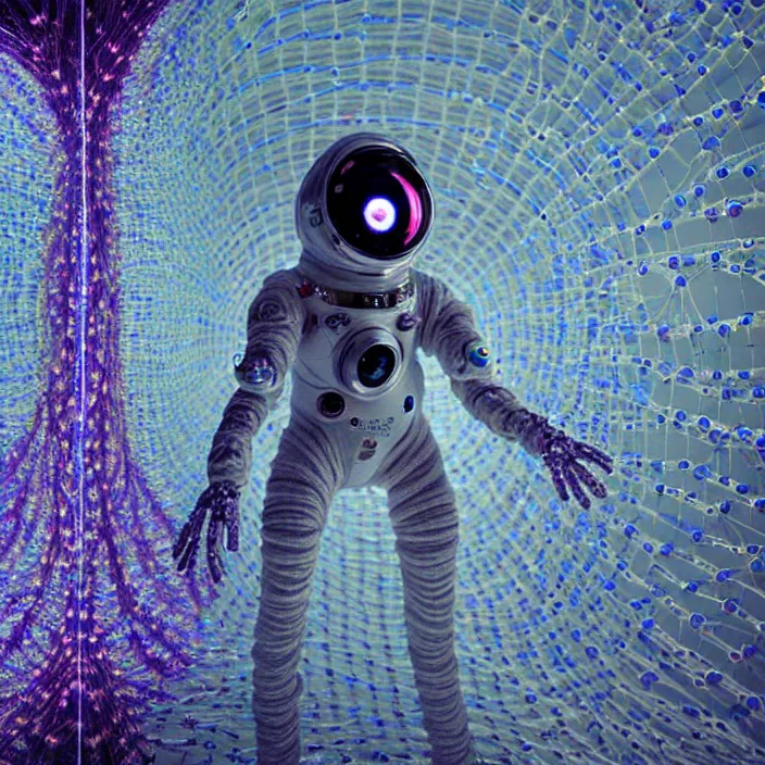 Image similar to a cybernetic symbiosis of a single astronaut mech-organic eva suit made of pearlescent wearing knitted shiny ceramic multi colored yarn thread infected with diamond 3d fractal lace iridescent bubble 3d skin dotted covered with orb stalks of insectoid compound eye camera lenses floats through the living room, film still from the movie directed by Denis Villeneuve with art direction by Salvador Dalí, wide lens,kevlar,carbon fiber,ceramics,gaseous materials,