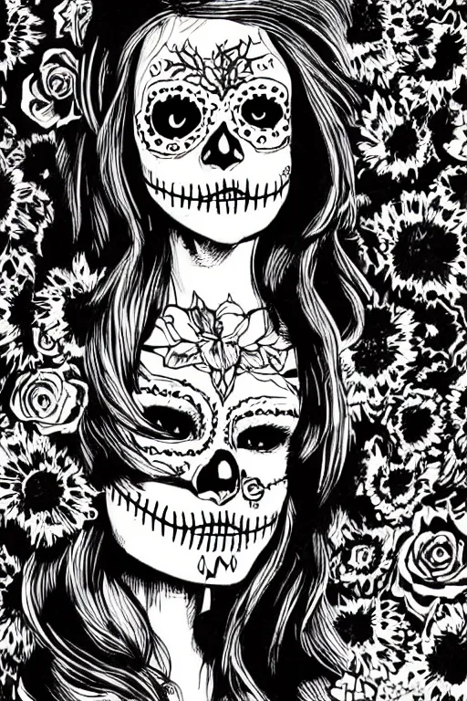 Prompt: Illustration of a sugar skull day of the dead girl, art by junji ito