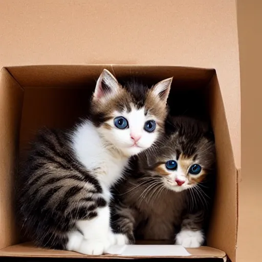 Prompt: a cardboard box, inside full of cute kittens