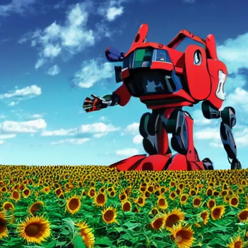 Prompt: giant neon genesis evangelion robot running in a field of sunflowers