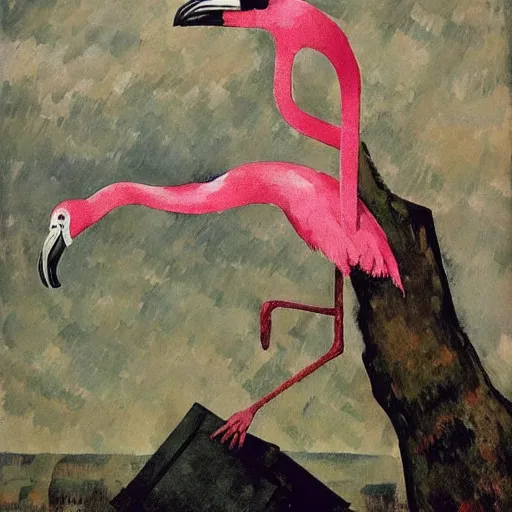 Image similar to shredded physique feathered tall neck beak Portrait of Samuel Beckett camouflaged as Flamingo whilst wearing a pink tuxedo Standing atop a Garbage Truck Greg Rutkowski Eric Ravilious Paul Cezanne Andrew Wyeth Jamie Wyeth