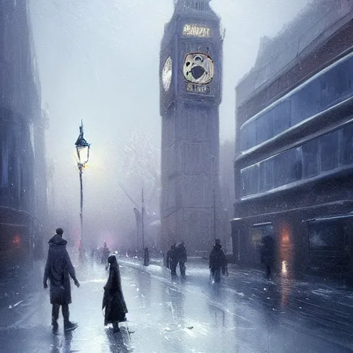 Image similar to two people in the street of london in winters, greg rutkowski style, trending on artstation