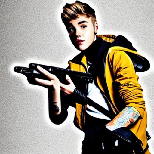 Image similar to justin bieber with a gun next to a pineapple