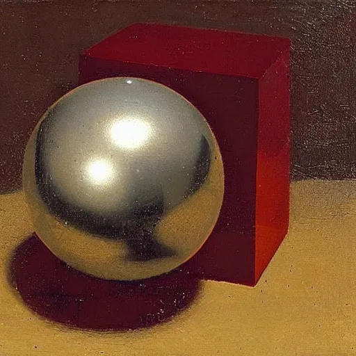 Prompt: chrome spheres on a red cube by johannes cornelisz verspronck