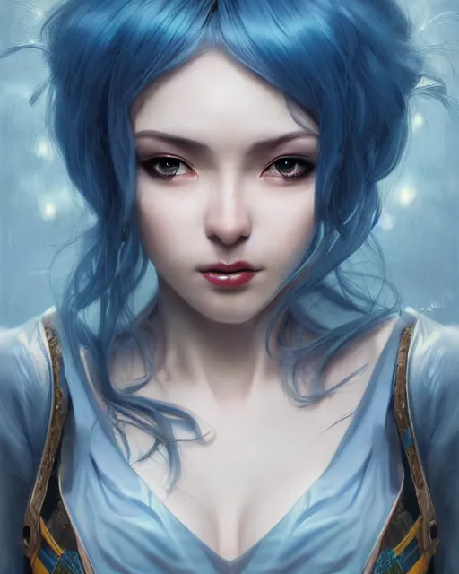 Image similar to stunningly beautiful female blue hair, dj sura, dj geadset, fantasy art, dark light night, sharp focus, digital painting, 8 k, concept art, art by wlop, artgerm, greg rutkowski and alphonse mucha