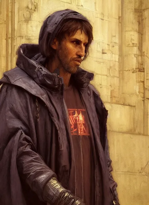 Image similar to futuristic cyberpunk beggar priest wearing an old raincoat ( blade runner 2 0 4 9, cyberpunk 2 0 7 7 character design ). orientalist portrait by john william waterhouse and james gurney and theodore ralli and nasreddine dinet, oil on canvas. cinematic, hyper realism, realistic proportions, dramatic lighting, high detail 4 k