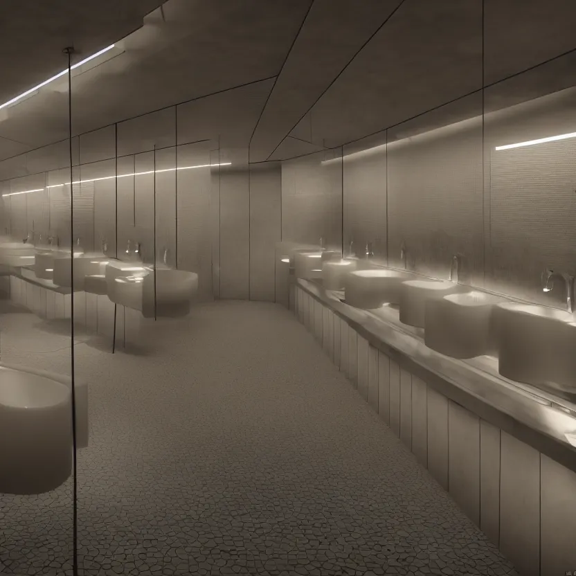 Prompt: an infinite public restroom with many stalls and sinks, cinematic lighting, volumetric lighting, award winning photography, highly detailed, intricate, sharp focus, 4 k wallpaper, unreal engine, 9 0 mm, f / 1. 4