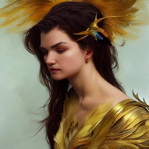 Image similar to a portrait of an attractive young female, beautiful long hear, clothed in golden feathers, intricate, elegant, highly detailed, digital painting, trending on artstation, concept art, smooth, sharp focus, illustration, art by artgerm and greg rutkowski and alphonse mucha