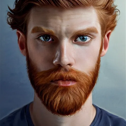 Image similar to 2 4 - year - old man, masculine face, hyper masculine features, tall, extremely pale skin, square jaw, ginger hair, beard, square face, big round sapphire blue eyes, hyper realistic face, beautiful eyes, highly detailed, digital painting, smooth, sharp, strong face, expressive eyes, medium long wavy ginger hair, art by greg rutkowski and alex gray